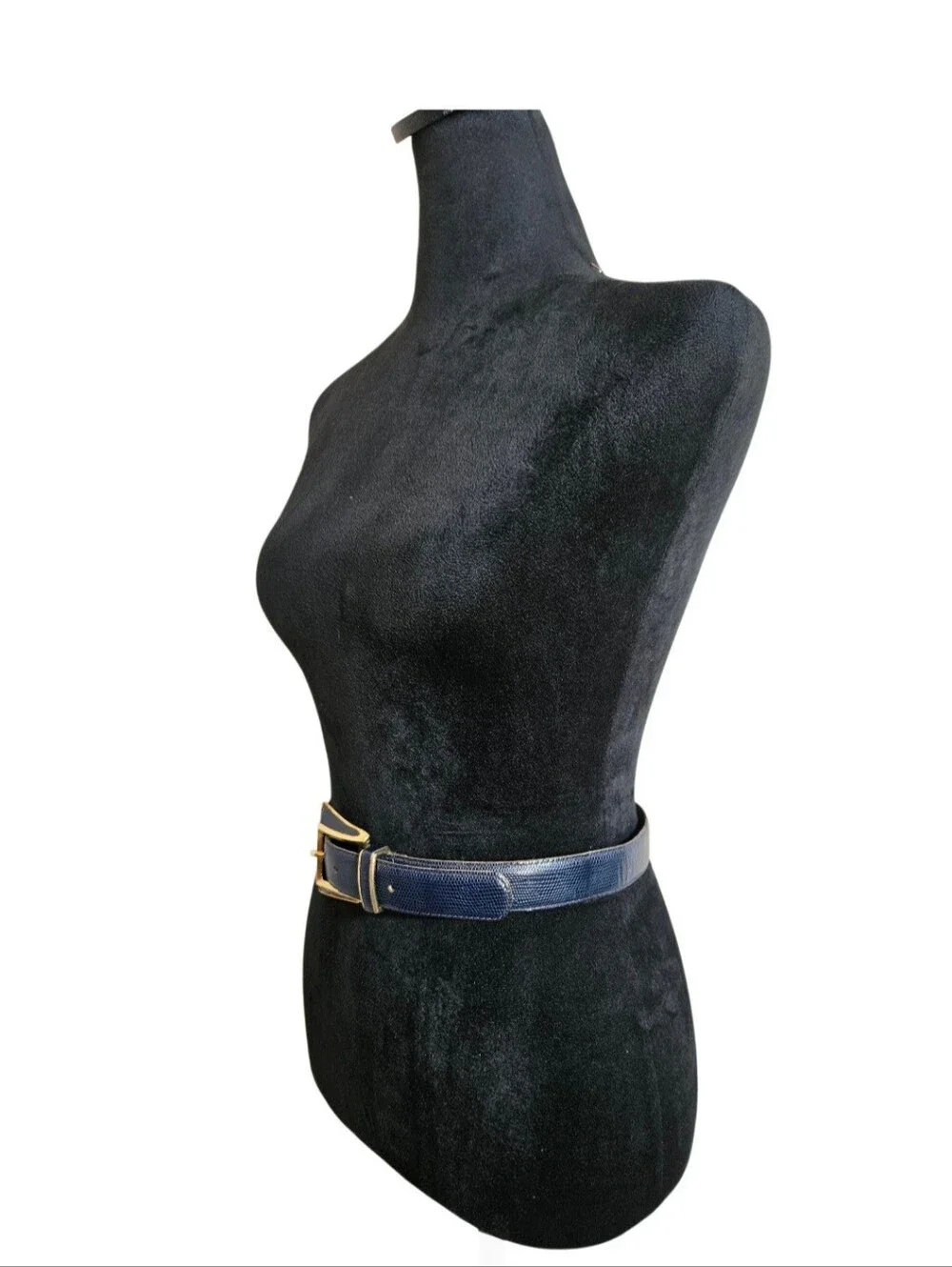 Vintage Speyer Navy Blue Leather Lizard Geometric/Gold  Buckle Statement Belt S